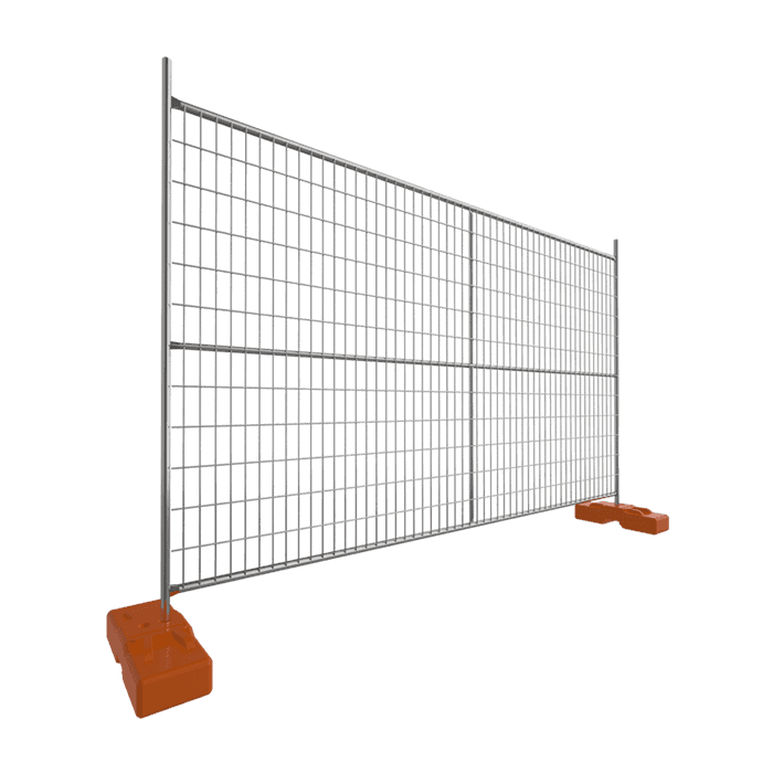 Viene visualizzato un pezzo di pannello di recinzione temporaneo in Australia con piedini di plastica arancione.
