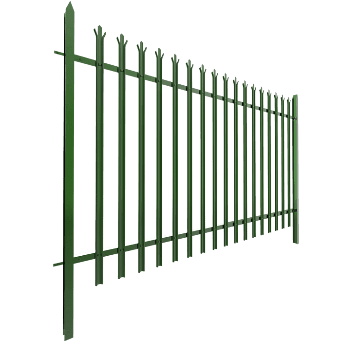 A piece of green powder coating palisade fencing is displayed.
