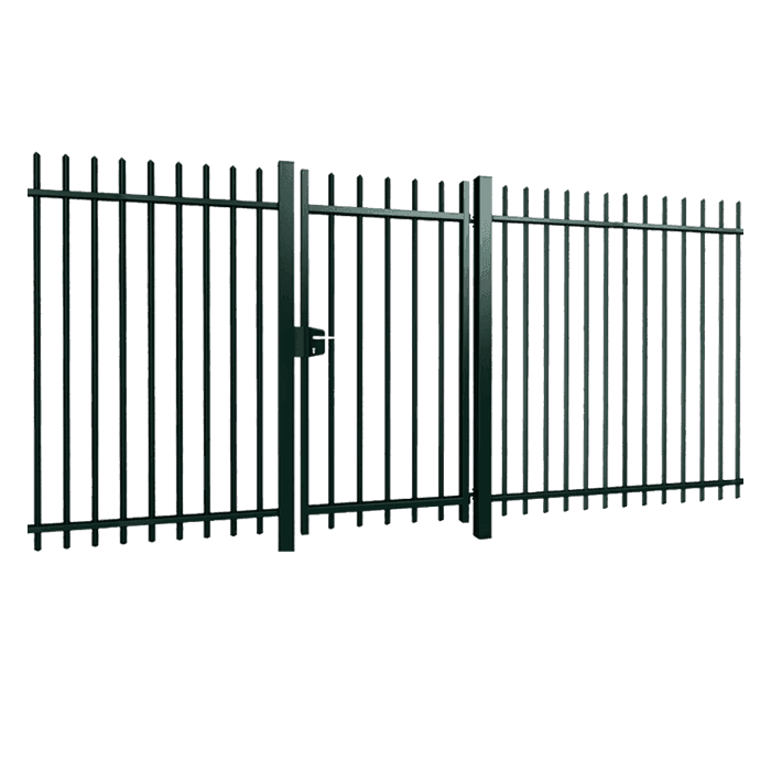 Una valla de acero sola puerta batiente sobre fondo blanco.
