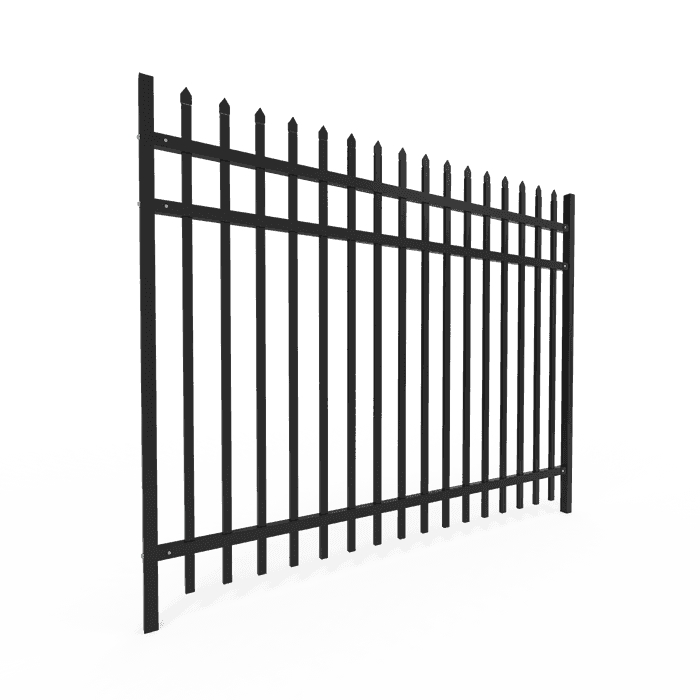 Viene visualizzato un pezzo di recinzione in acciaio con rivestimento in polvere nera.
